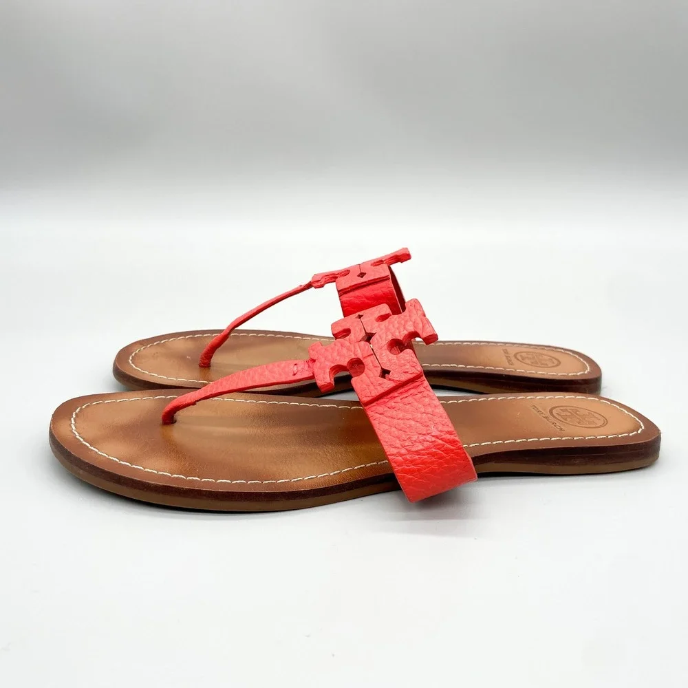 Tory Burch Moore Sandals Womens 10M Poppy Red Leather Logo Thong Flats Preppy
